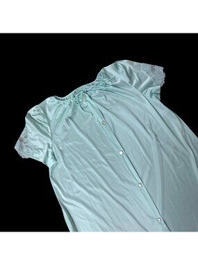 Vintage Robe Mint Green Nylon Button Up Duster Housecoat Size M 80s Lorraine USA